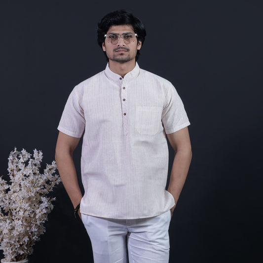 LoomStripe Half Sleeves Short Kurta-Beige