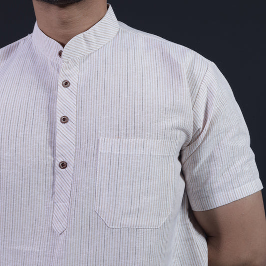LoomStripe Half Sleeves Short Kurta-Beige