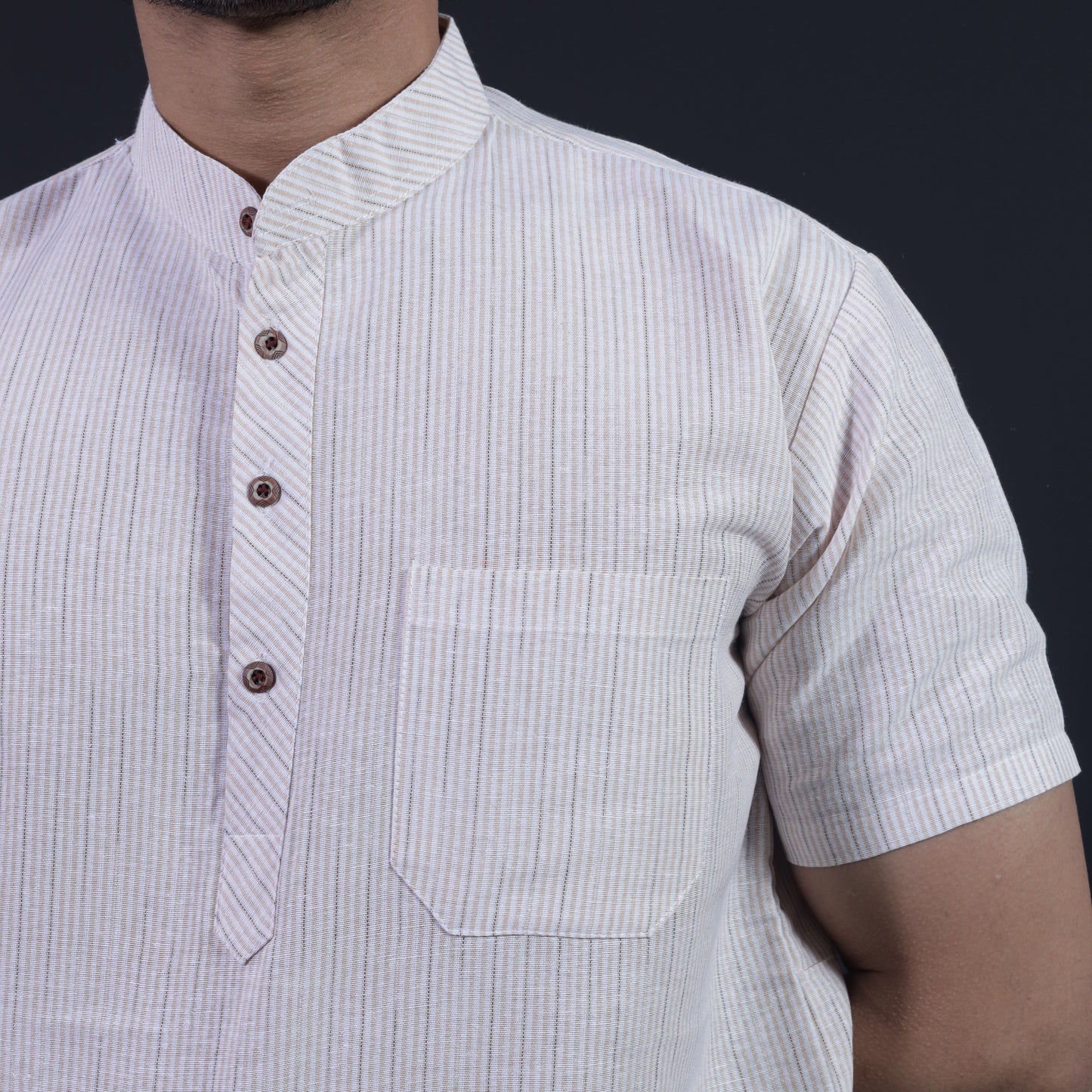 Combo Set Loomstripe Half Sleeves Short Kurta Pant-Beige