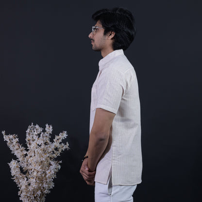 Combo Set Loomstripe Half Sleeves Short Kurta Pant-Beige