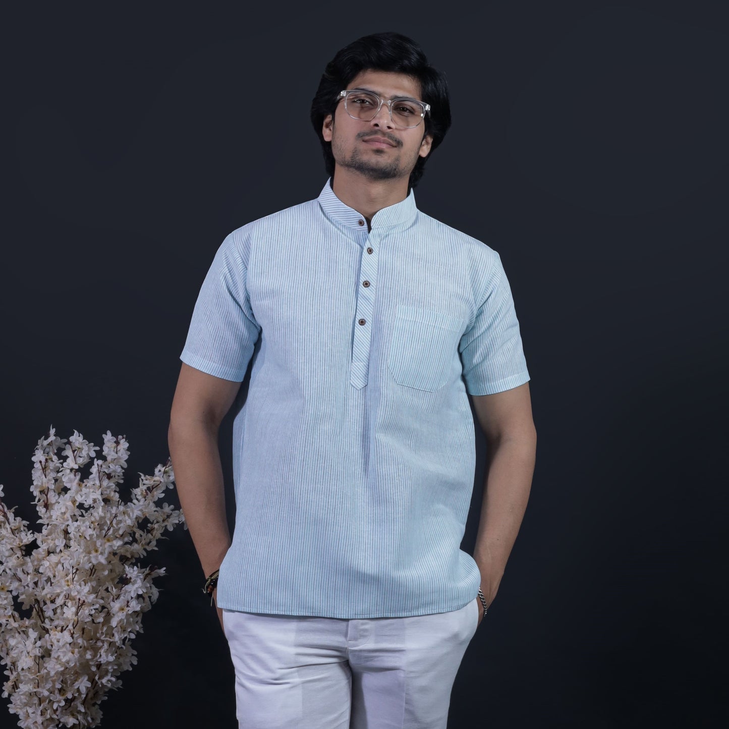 Combo Set Loomstripe Half Sleeves Short Kurta Pant-Blue