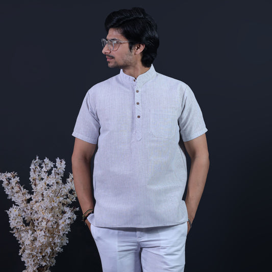 LoomStripe Half Sleeves Short Kurta-Gray
