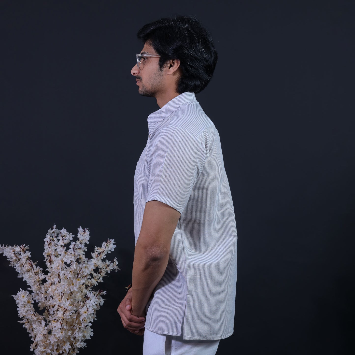 Combo Set Loomstripe Half Sleeves Short Kurta Pant-Gray