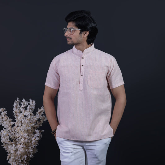 LoomStripe Half Sleeves Short Kurta-Light Orange