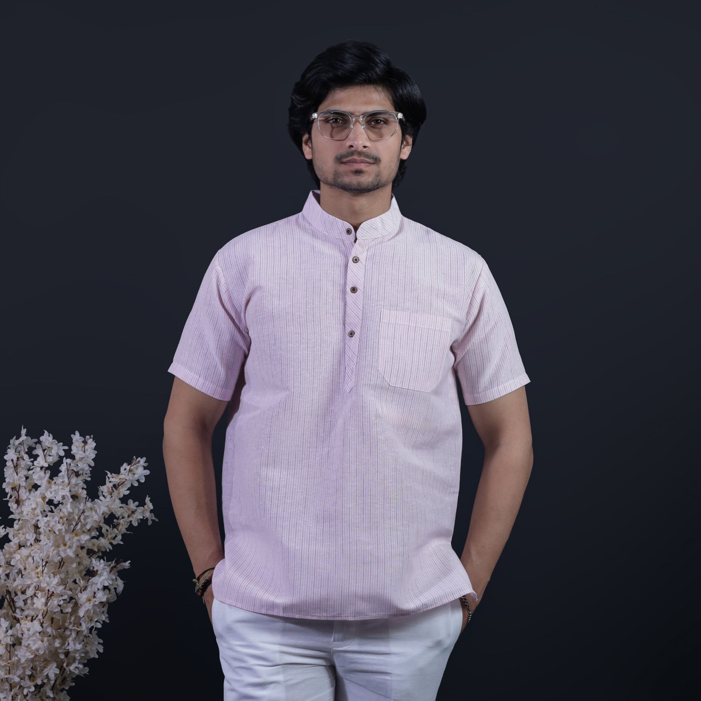 Combo Set Loomstripe Half Sleeves Short Kurta Pant-Pink