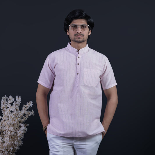 LoomStripe Half Sleeves Short Kurta-Pink