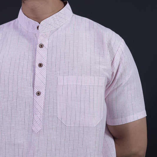 LoomStripe Half Sleeves Short Kurta-Pink