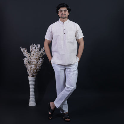 Combo Set Loomstripe Half Sleeves Short Kurta Pant-Beige