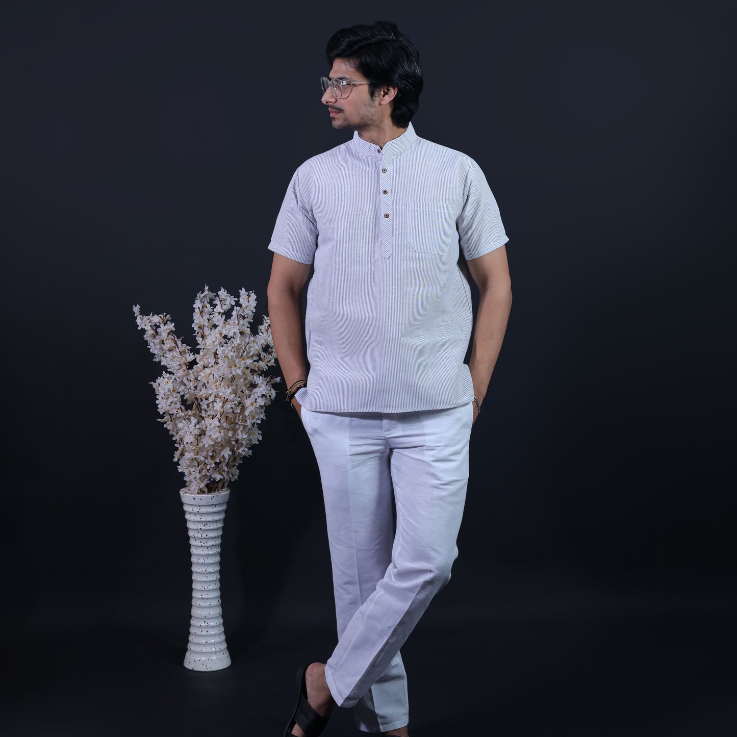 Combo Set Loomstripe Half Sleeves Short Kurta Pant-Gray