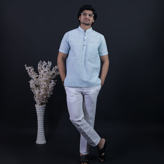 Combo Set Loomstripe Half Sleeves Short Kurta Pant-Blue