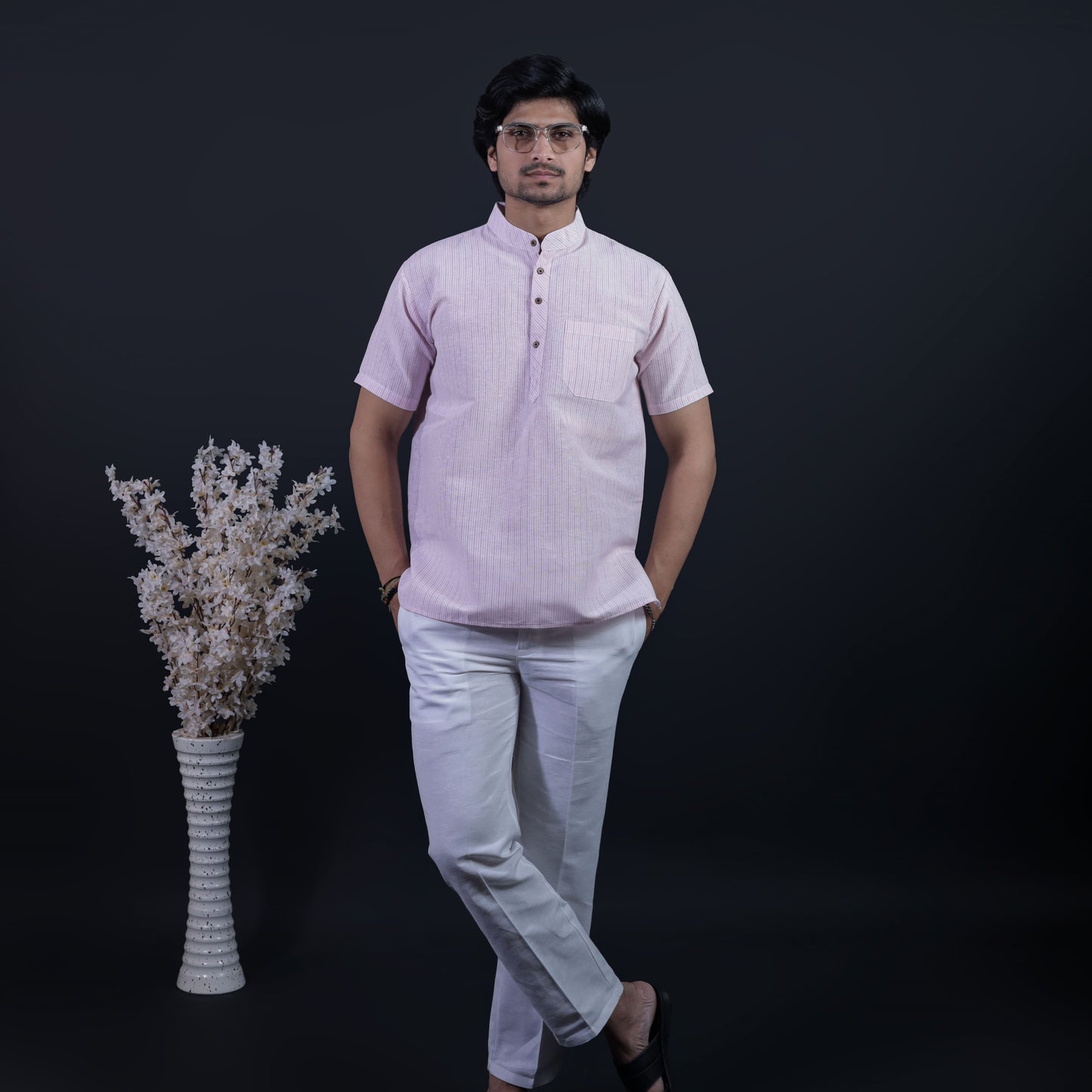Combo Set Loomstripe Half Sleeves Short Kurta Pant-Pink