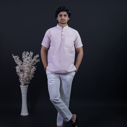 Combo Set Loomstripe Half Sleeves Short Kurta Pant-Pink