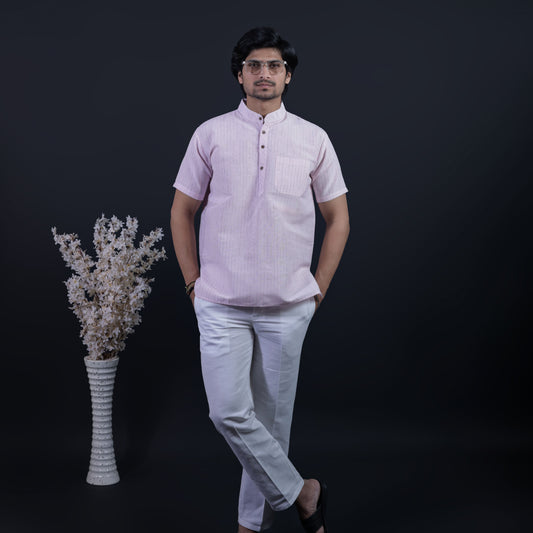 Combo Set Loomstripe Half Sleeves Short Kurta Pant-Pink
