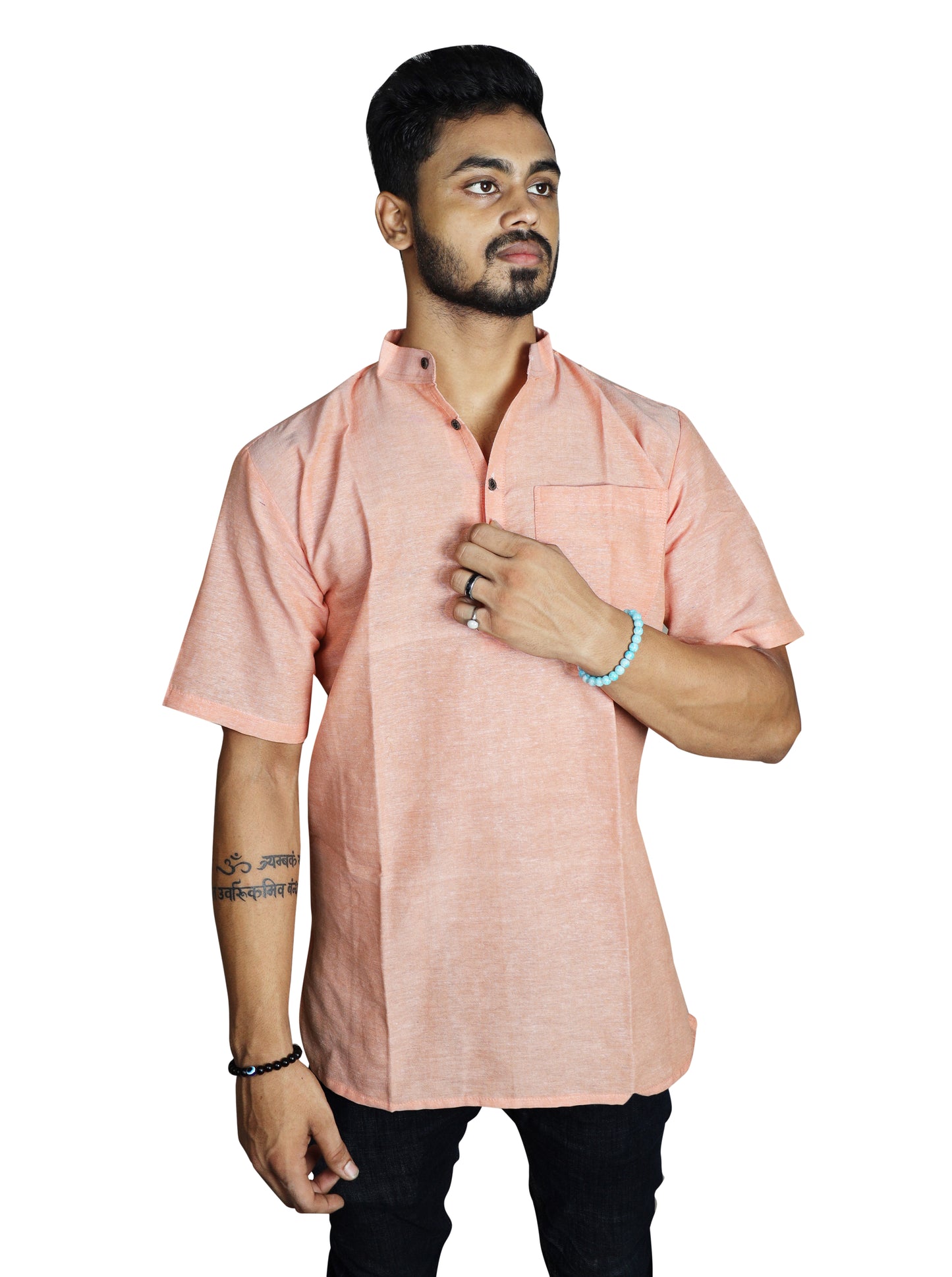 KHADI LIGHT ORANGE SHORT KURTA HALF SLEEVES