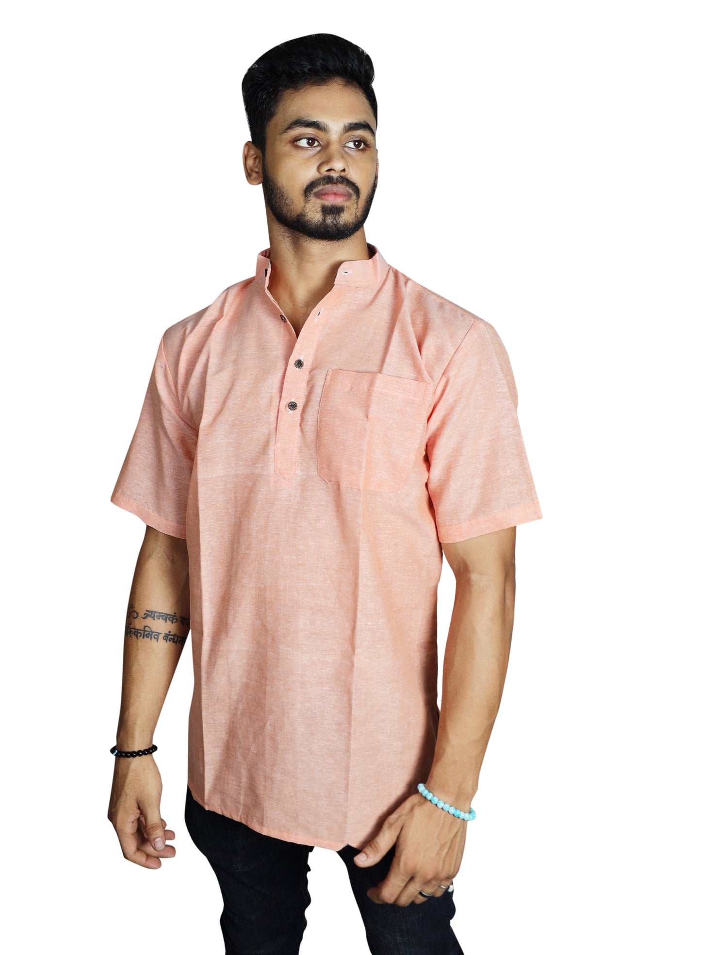 KHADI LIGHT ORANGE SHORT KURTA HALF SLEEVES