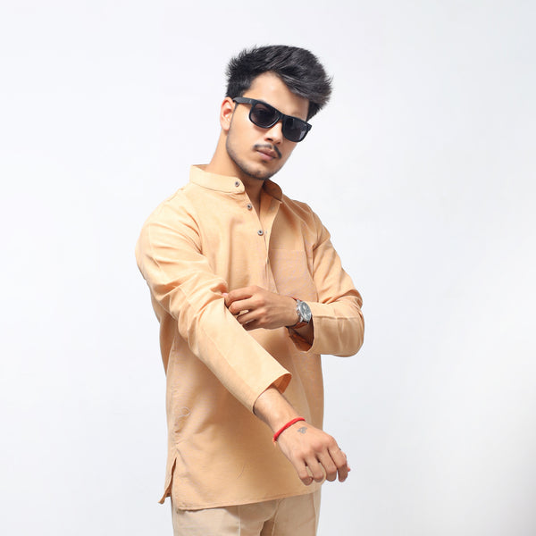 Solid Full Sleeves Short Kurta-Beige