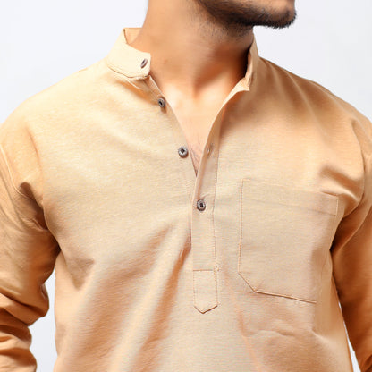Solid Full Sleeves Short Kurta-Beige
