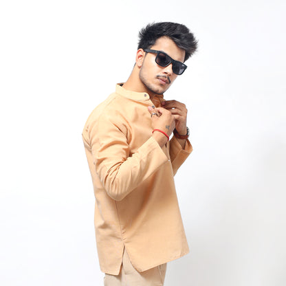 Solid Full Sleeves Short Kurta-Beige