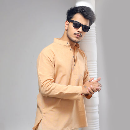Solid Full Sleeves Short Kurta-Beige