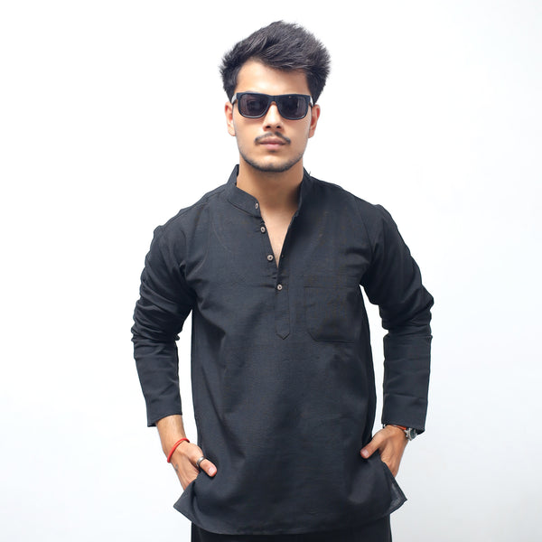 Solid Full Sleeves Short Kurta-Black
