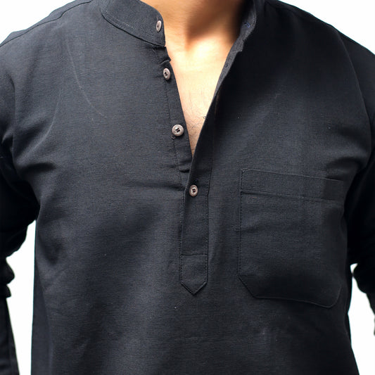 Solid Full Sleeves Short Kurta-Black
