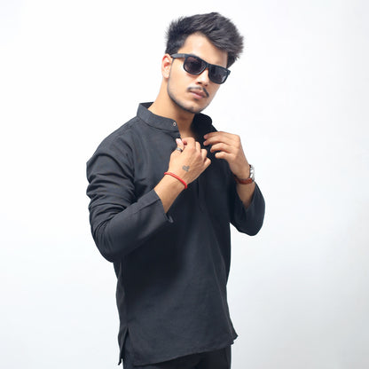 Solid Full Sleeves Short Kurta-Black