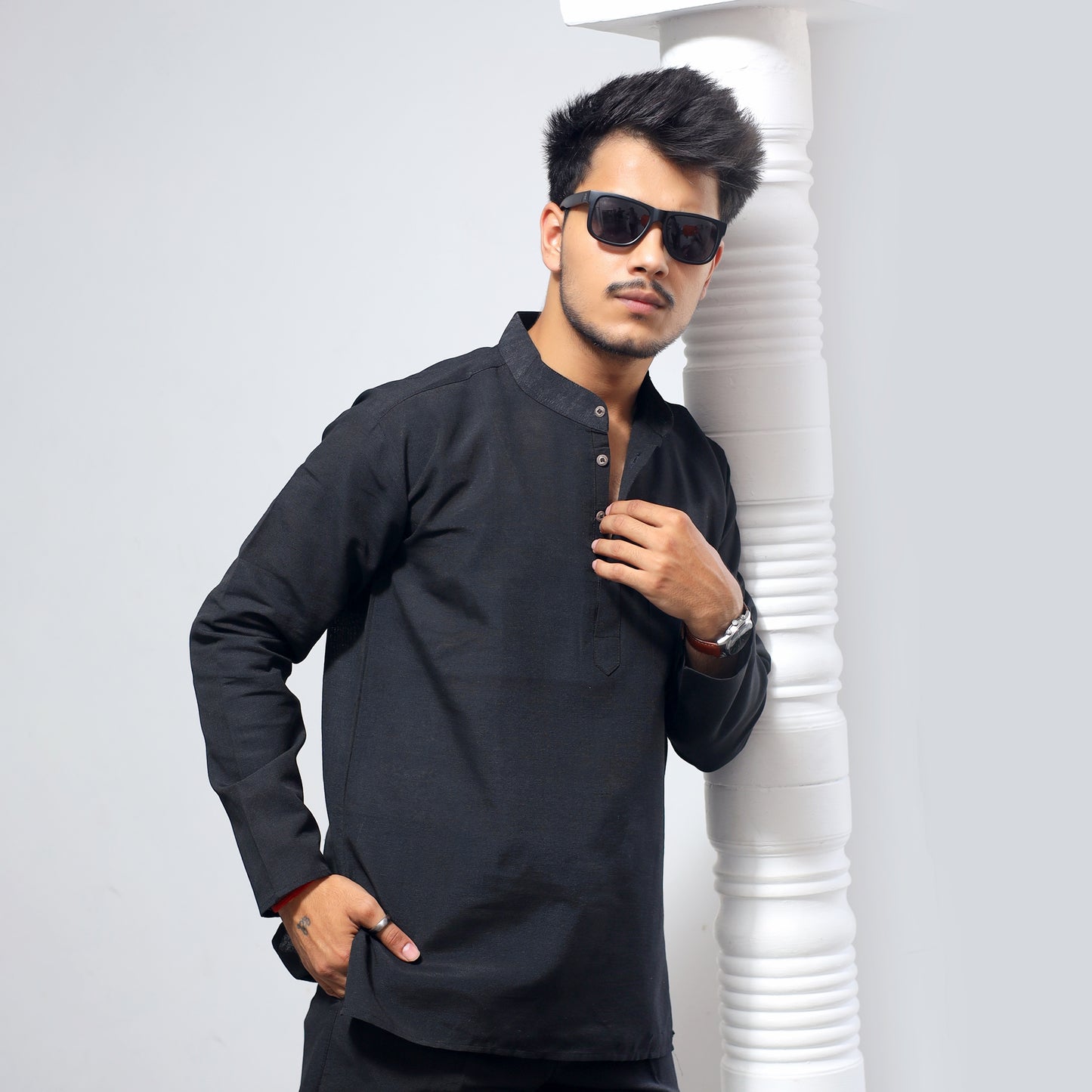 Solid Full Sleeves Short Kurta-Black