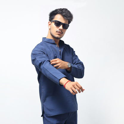 Solid Full Sleeves Short Kurta-Blue