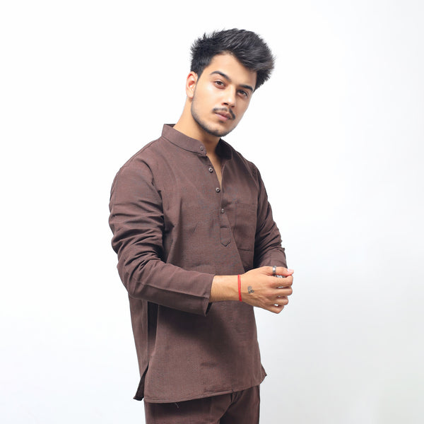Solid Full Sleeves Short Kurta-Brown