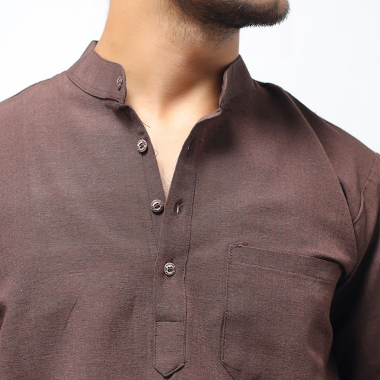 Solid Full Sleeves Short Kurta-Brown