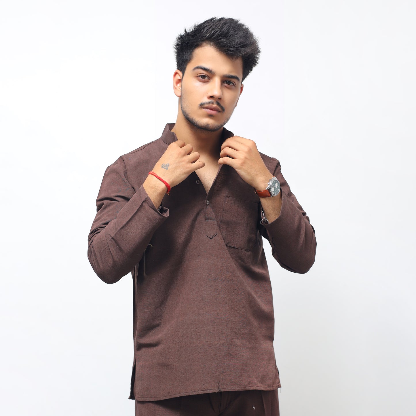 Solid Full Sleeves Short Kurta-Brown