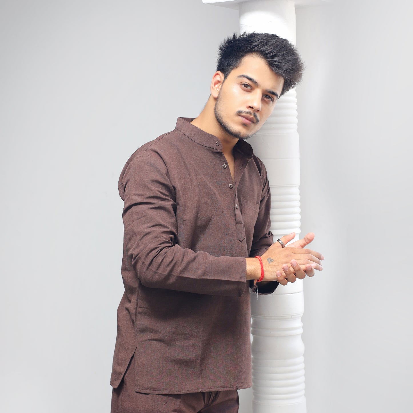 Solid Full Sleeves Short Kurta-Brown
