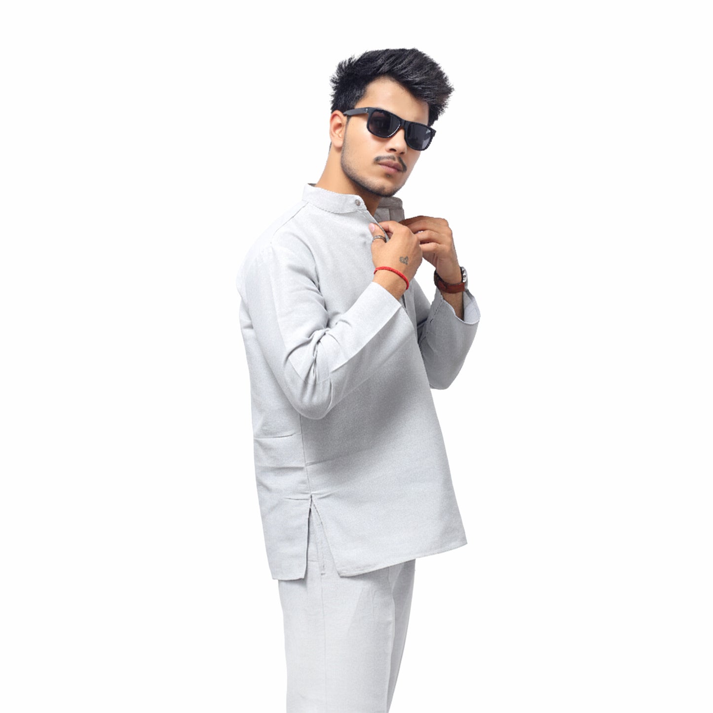 Solid Full Sleeves Short Kurta-Gray