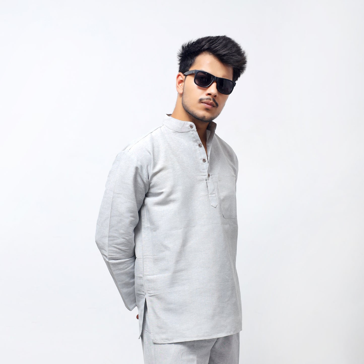 Solid Full Sleeves Short Kurta-Gray