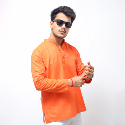 Solid Full Sleeves Short Kurta-Orange