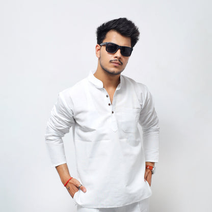 Solid Full Sleeves Short Kurta-White