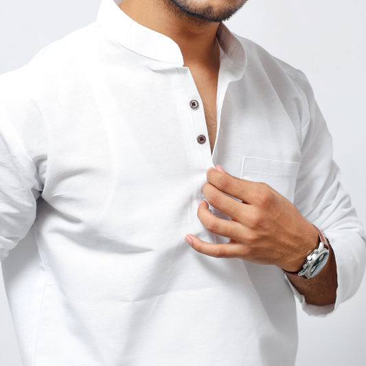 Solid Full Sleeves Short Kurta-White