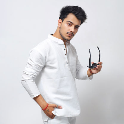 Solid Full Sleeves Short Kurta-White