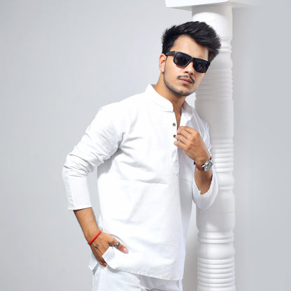 Solid Full Sleeves Short Kurta-White