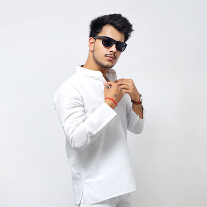 Solid Full Sleeves Short Kurta-White