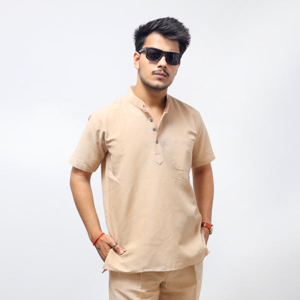 Solid Half Sleeves Short Kurta-Beige