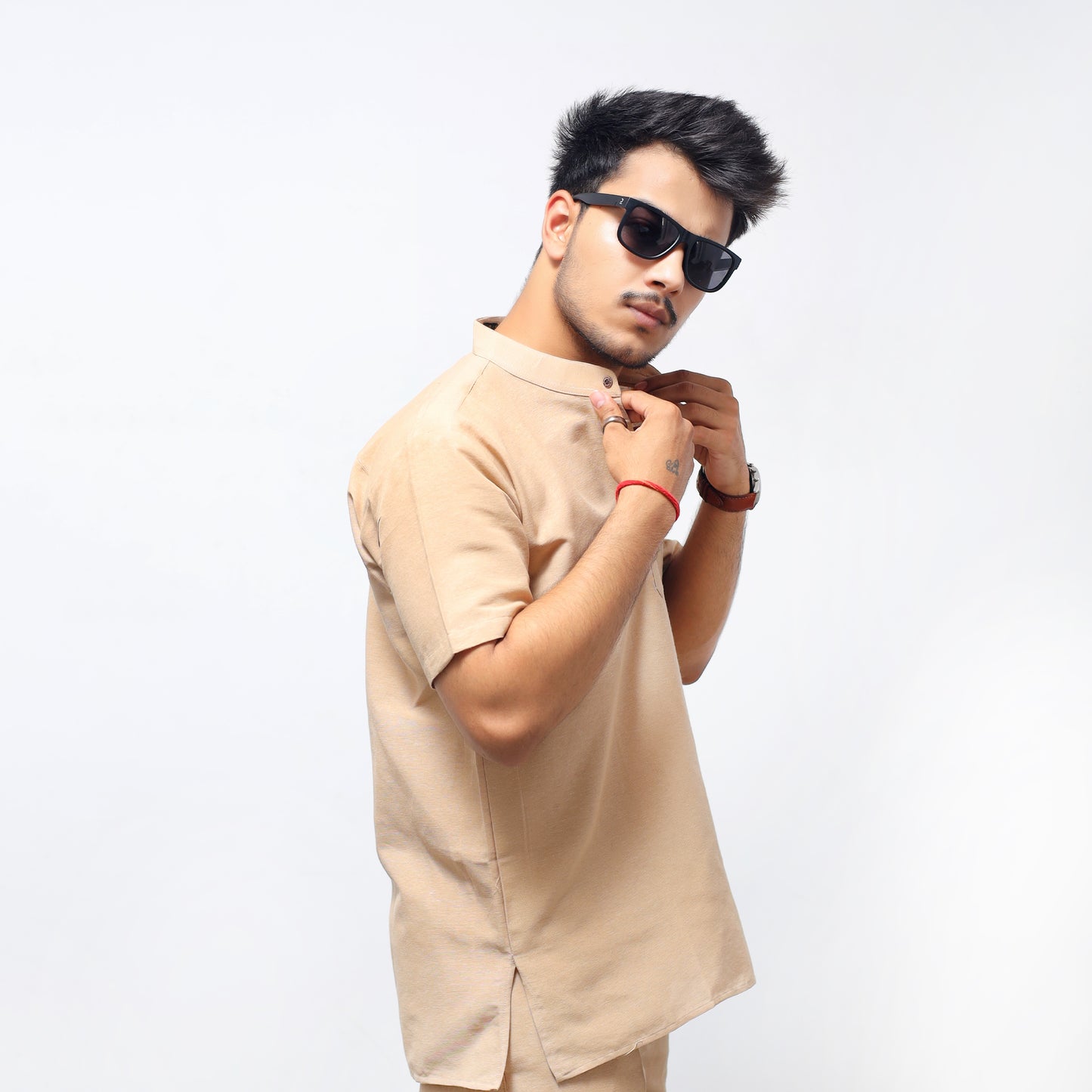 Solid Half Sleeves Short Kurta-Beige