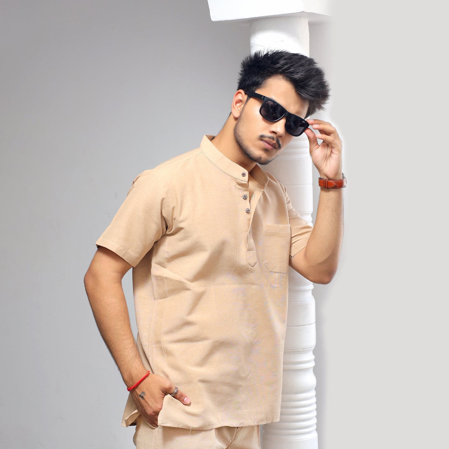 Solid Half Sleeves Short Kurta-Beige