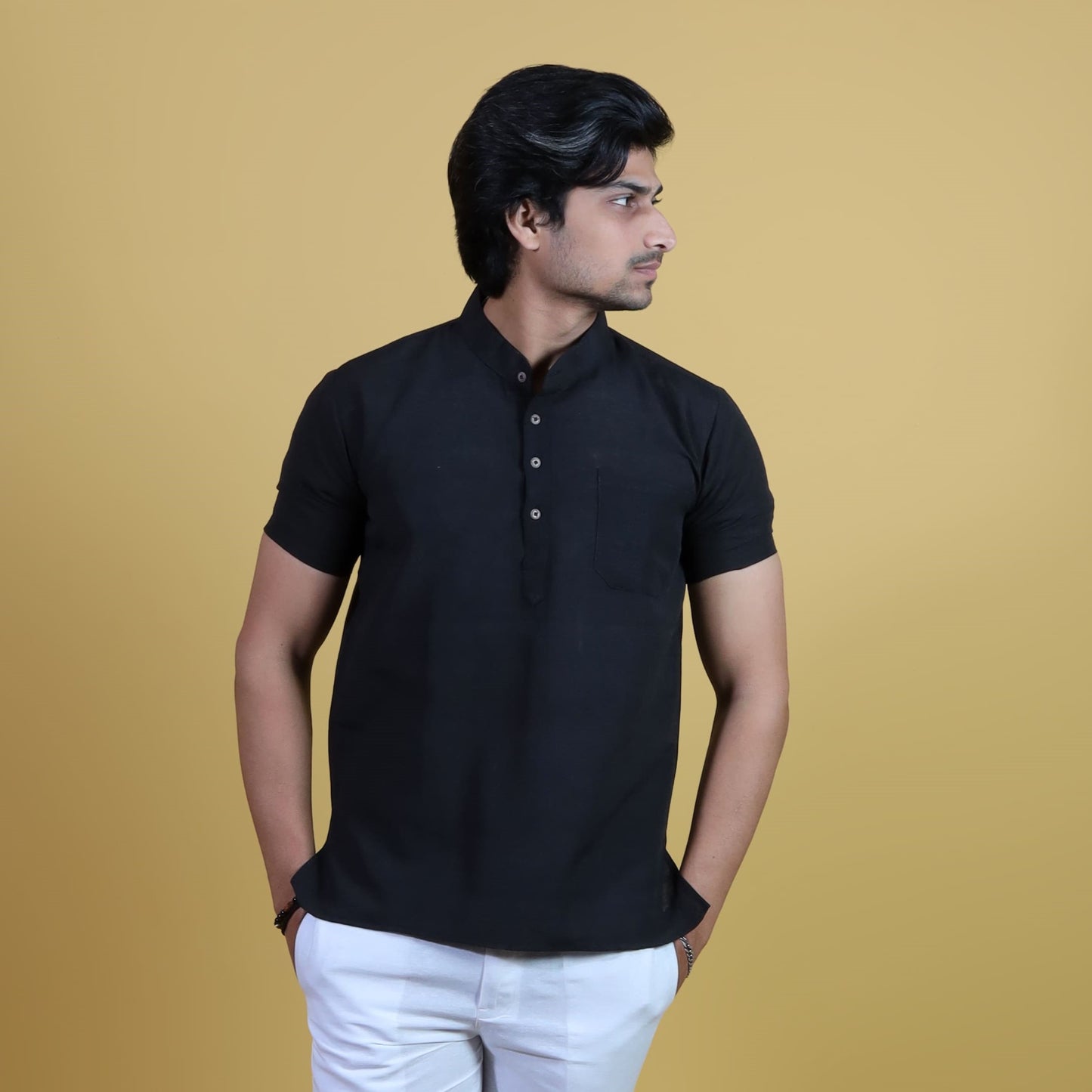 Solid Half Sleeves Short Kurta-Black