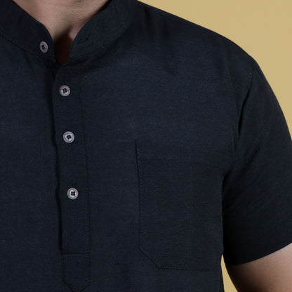Solid Half Sleeves Short Kurta-Black