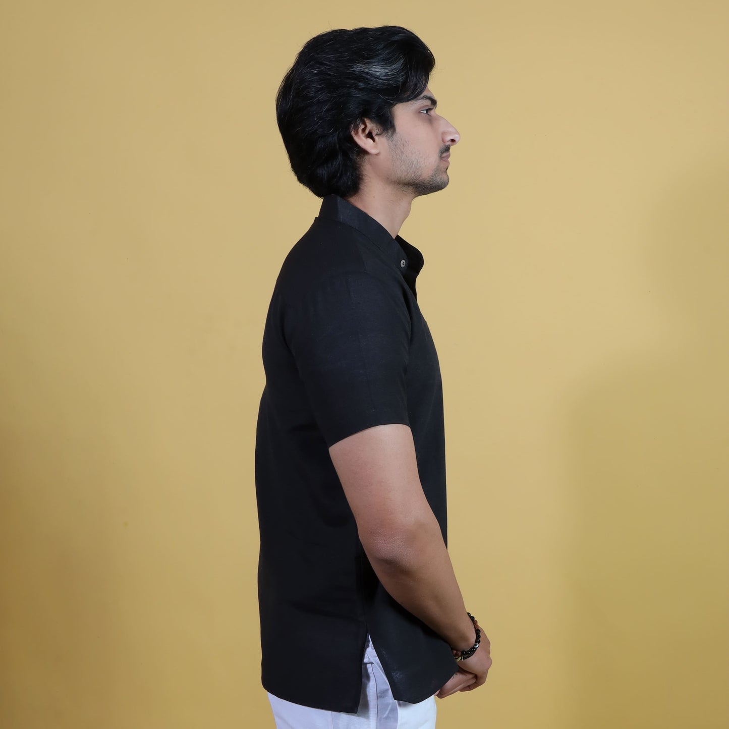Solid Half Sleeves Short Kurta-Black