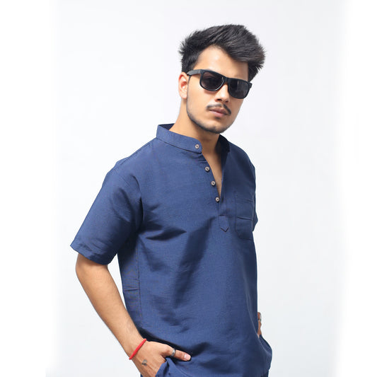 Solid Half Sleeves Short Kurta-Blue
