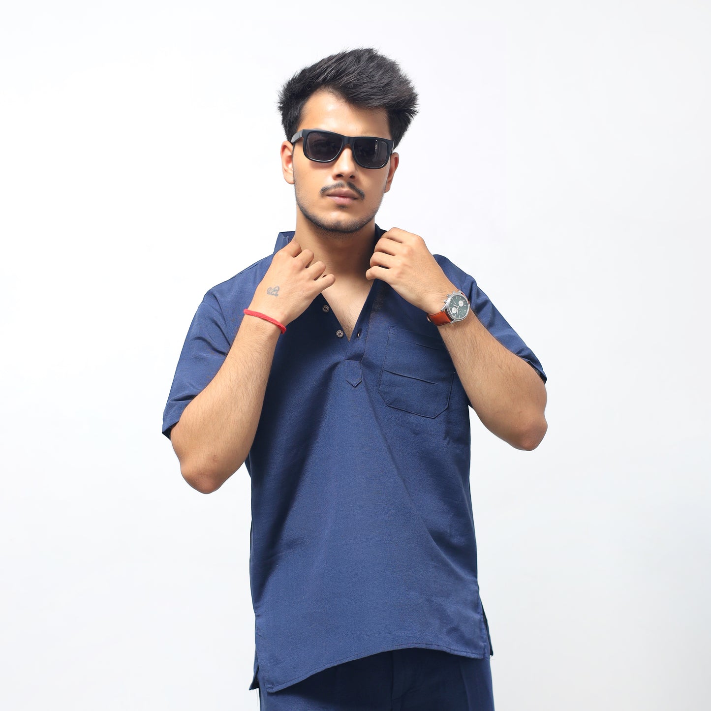 Solid Half Sleeves Short Kurta-Blue