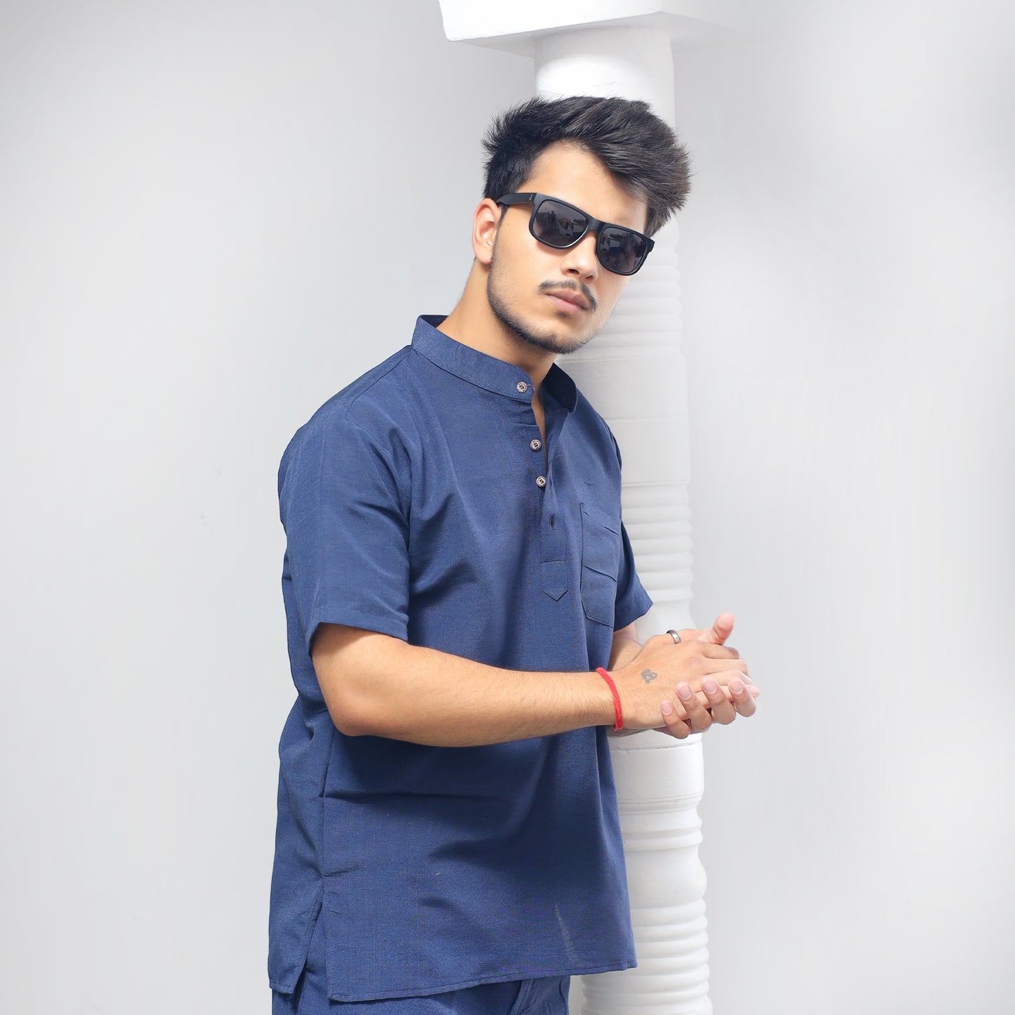 Solid Half Sleeves Short Kurta-Blue