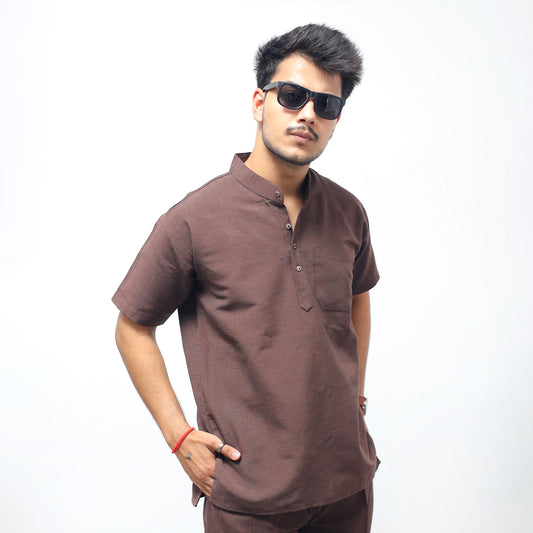 Solid Half Sleeves Short Kurta-Brown